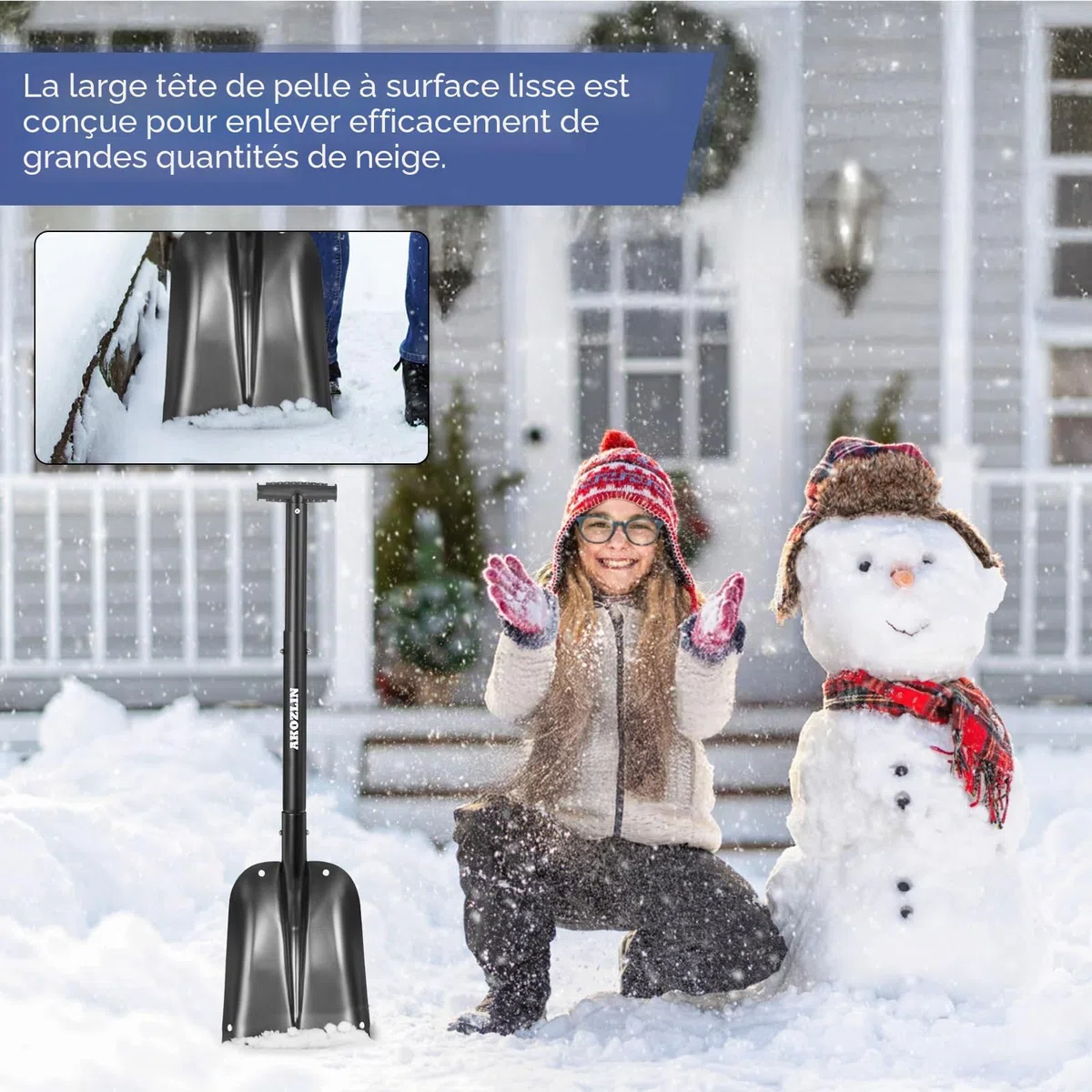 Pelle à neige télescopique d'urgence avec grattoir à glace et sac de transport pliable en aluminium de 53,8 à 82 cm, pelle d'urgence rétractable légère pour voiture, motoneige, jardin, camping