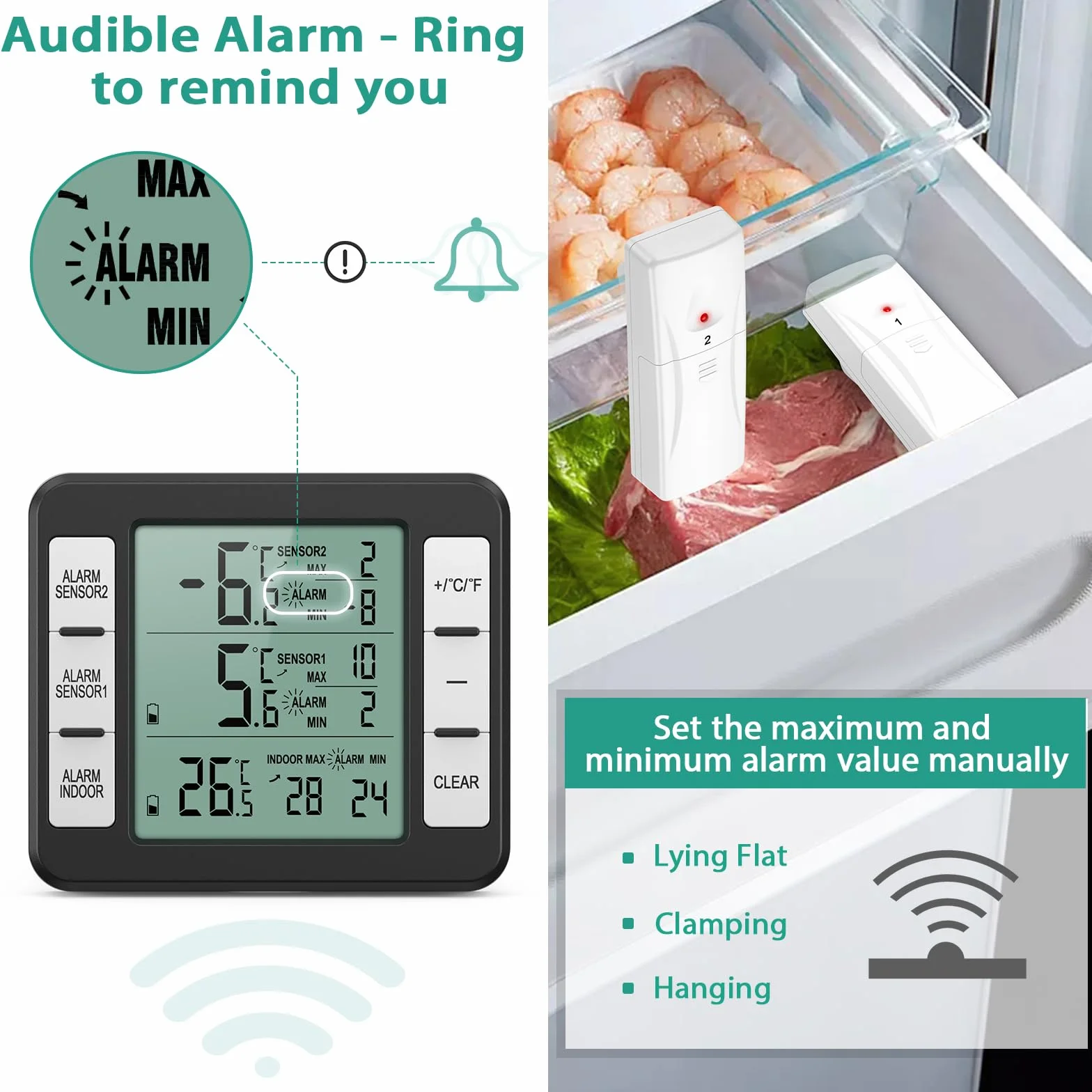 ORIA Thermomètre de Réfrigérateur, Thermomètre de Frigo Congelateur sans Fil avec 2 Capteurs, Alarme Sonore, Min/Max, Thermometre In/Extérieur pour Maison Cuisine Restaurant Bars Café - Noir