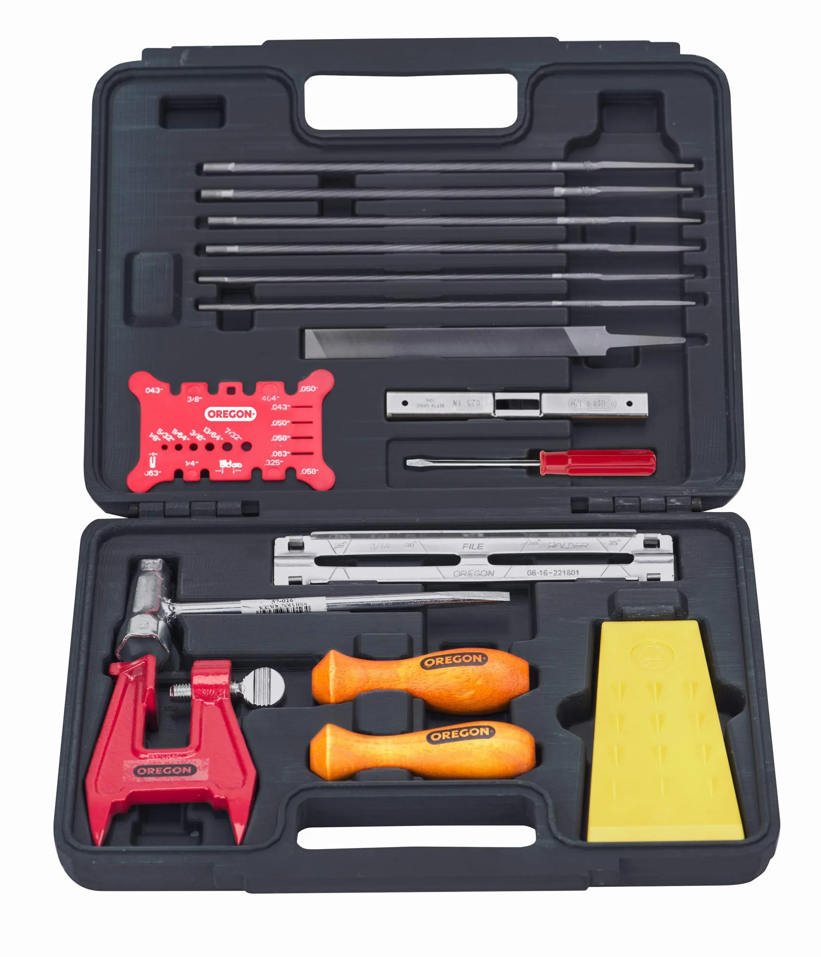 Oregon Kit d'entretien pour Chaîne de Tronconneuse, Kit d'Affûtage Chaine Tronçonneuse avec Boîte de Rangement, Contient Limes, Poignées, Profondimètre, Étau, Gauge, Cales et Accessoires (601981)