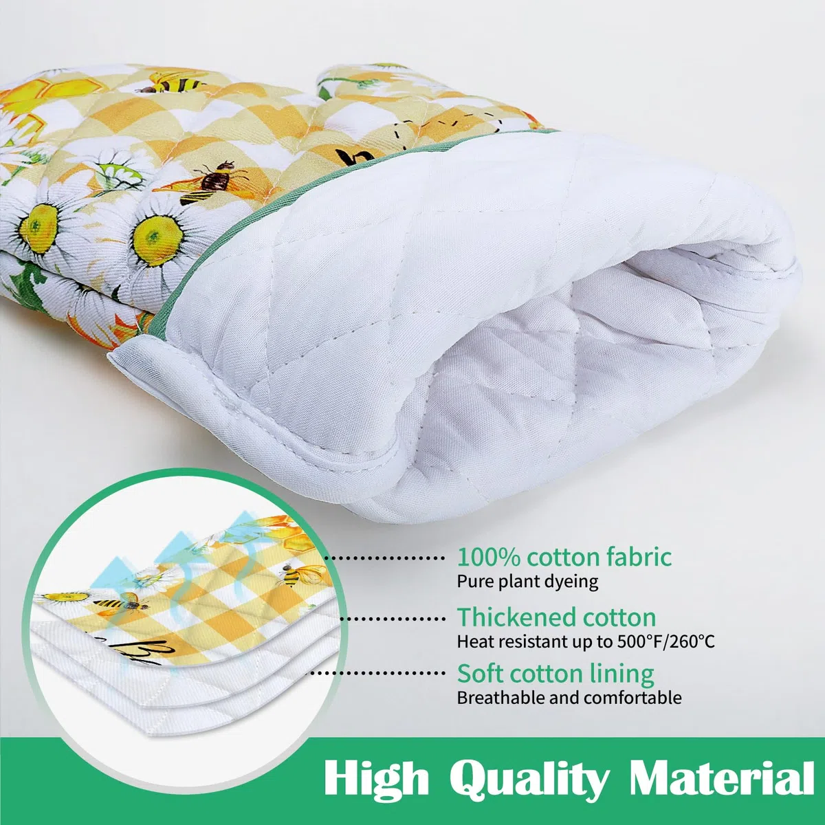 Gants De Four & Maniques Lot De 2, 100% Coton Maniques Cuisine Gant Four Anti Chaleur Extra-Longue pour Barbecue, Cuisine, Griller, Micro-Ondes(Marguerite Abeille)