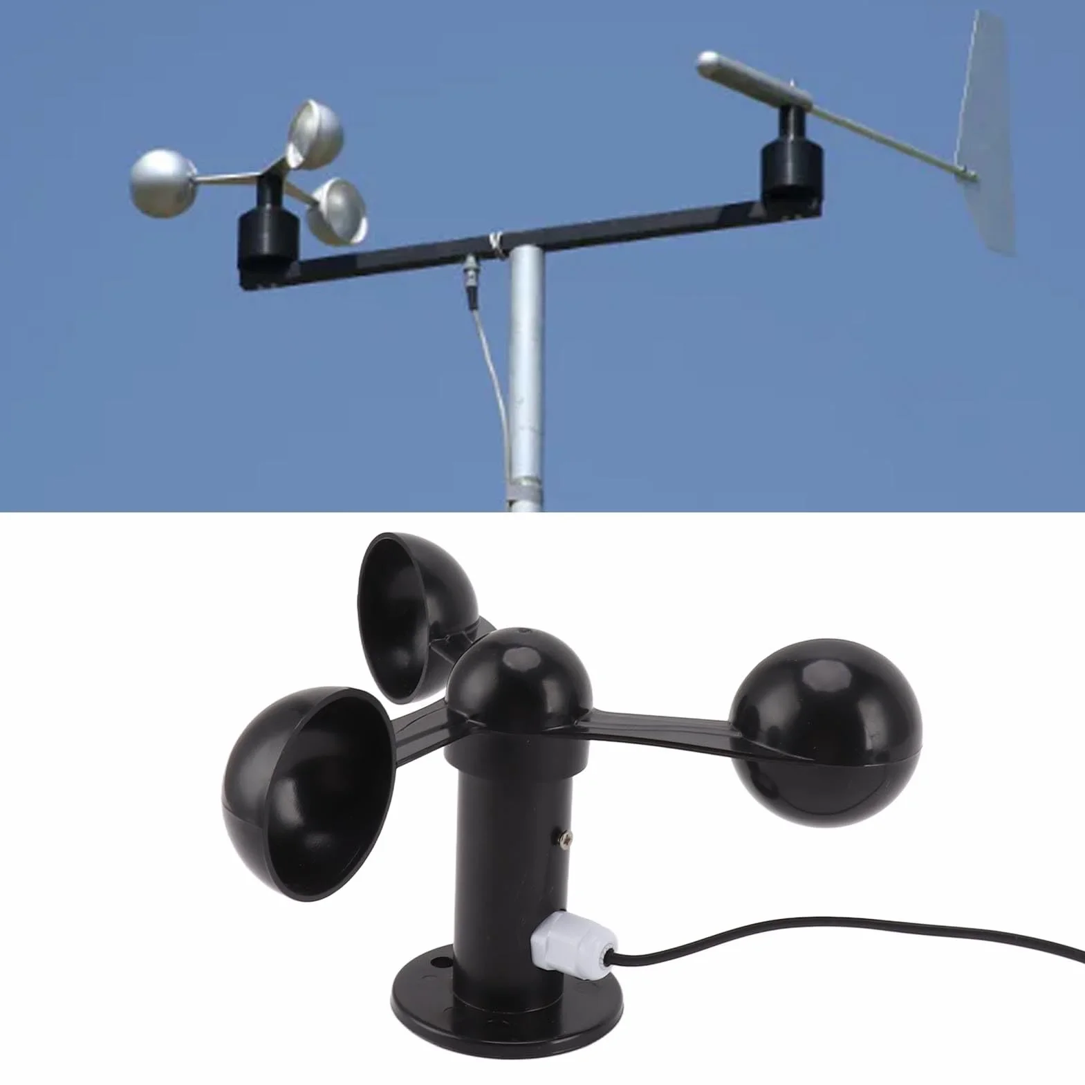 Anémomètre de Vitesse du Vent, Câble étanche de 8m, Capteur de Vitesse du Vent à Trois Tasses, Station Météo à 360 Degrés