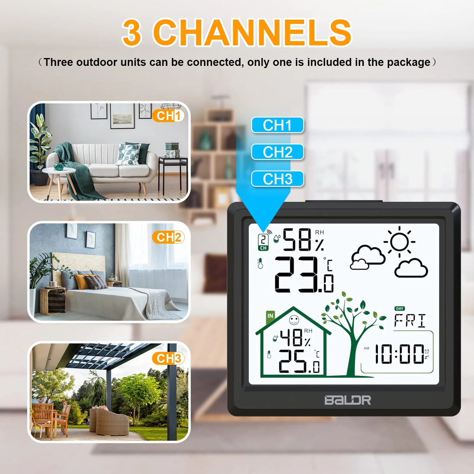 Station météo sans Fil, Thermomètre Hygromètre Baromètre Intérieure Extérieure avec Capteur LED Ecran Rétro-éclairage Horloge Numérique Alarme et Snooze Heure Date Jour (Noir)