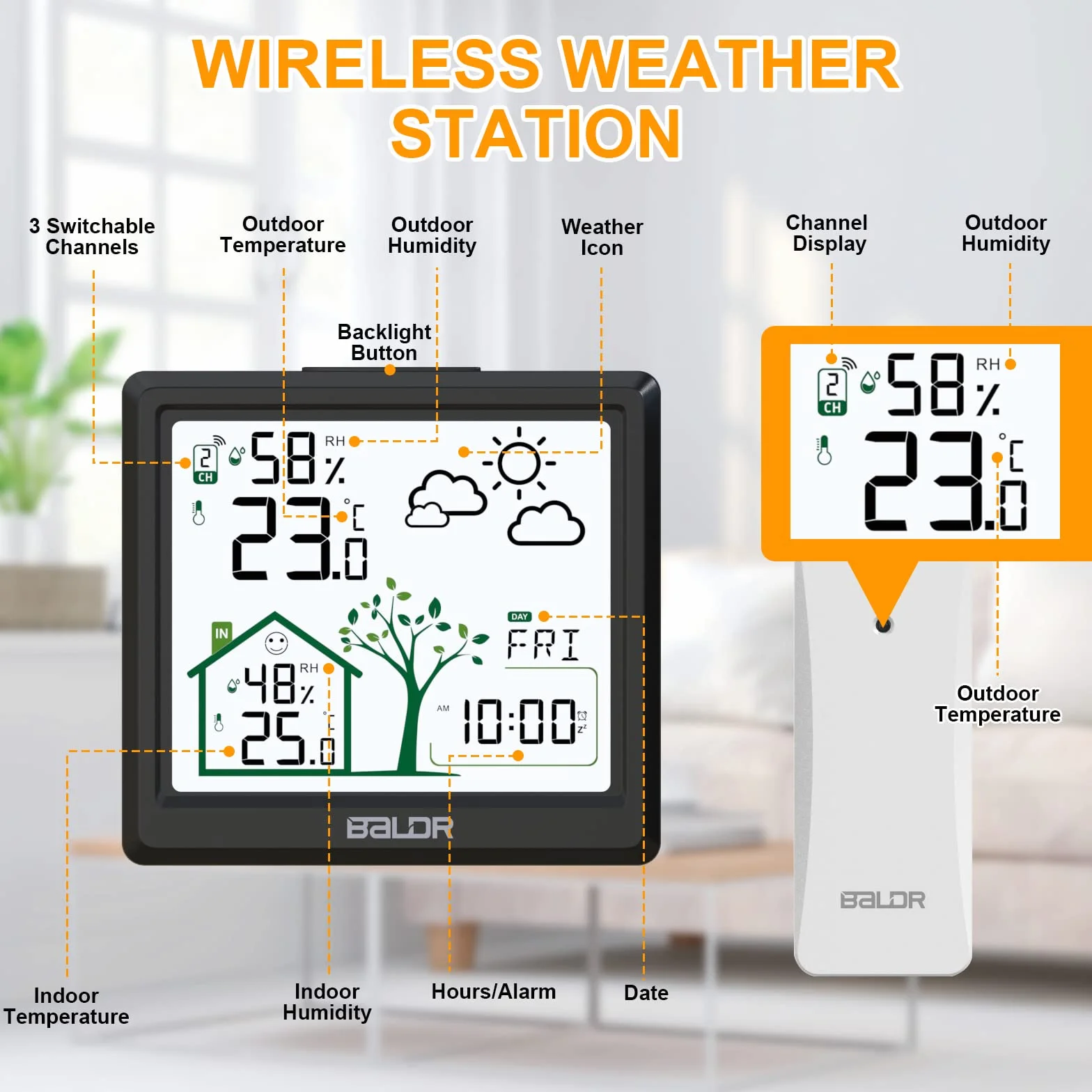 Station météo sans Fil, Thermomètre Hygromètre Baromètre Intérieure Extérieure avec Capteur LED Ecran Rétro-éclairage Horloge Numérique Alarme et Snooze Heure Date Jour (Noir)