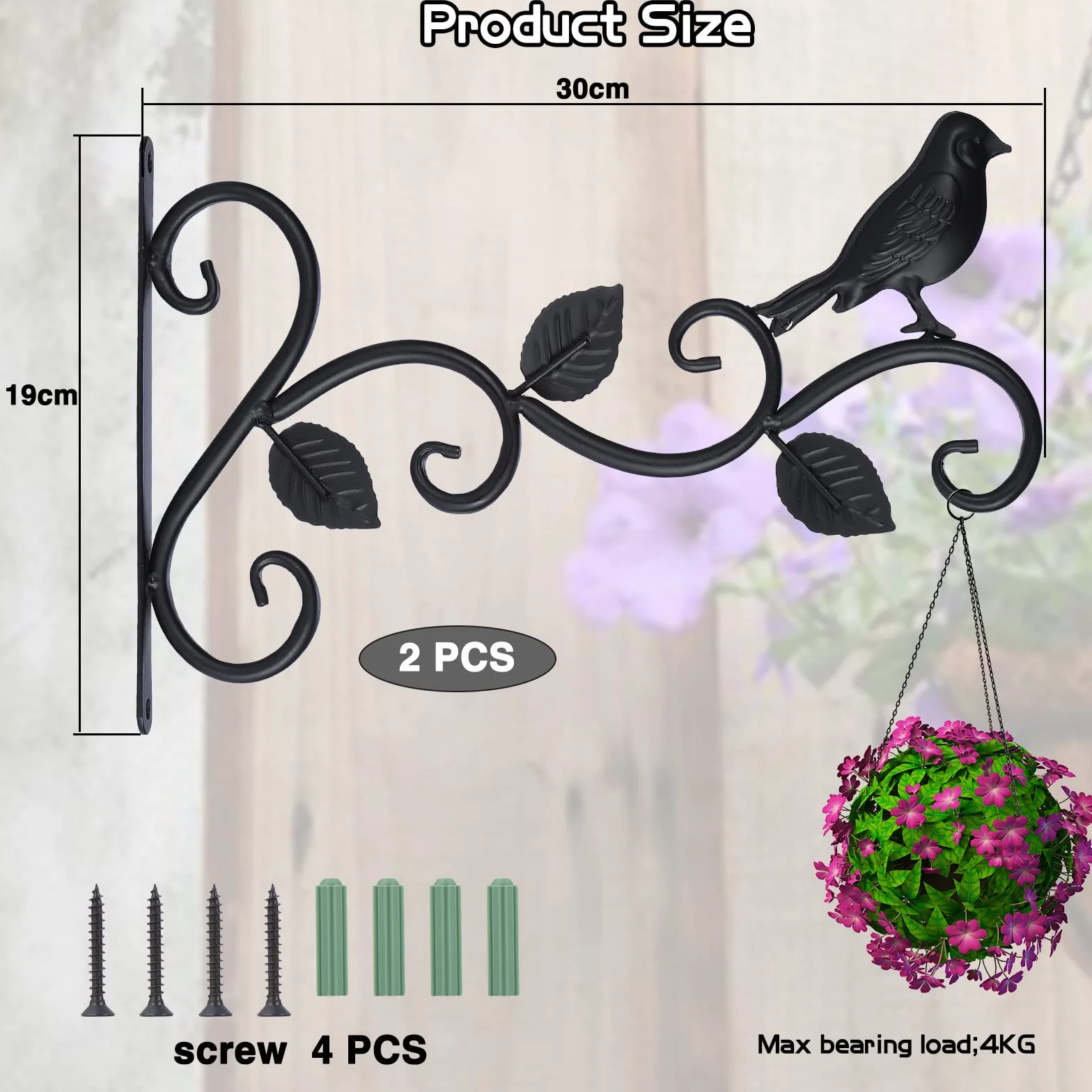 Kyrio Lot de 2 supports de panier à suspendre pour extérieur, 30,5 cm, crochets décoratifs en métal pour plantes suspendues, mangeoires à oiseaux, lanternes (3 feuilles), Noir, 30cm L x 19cm H