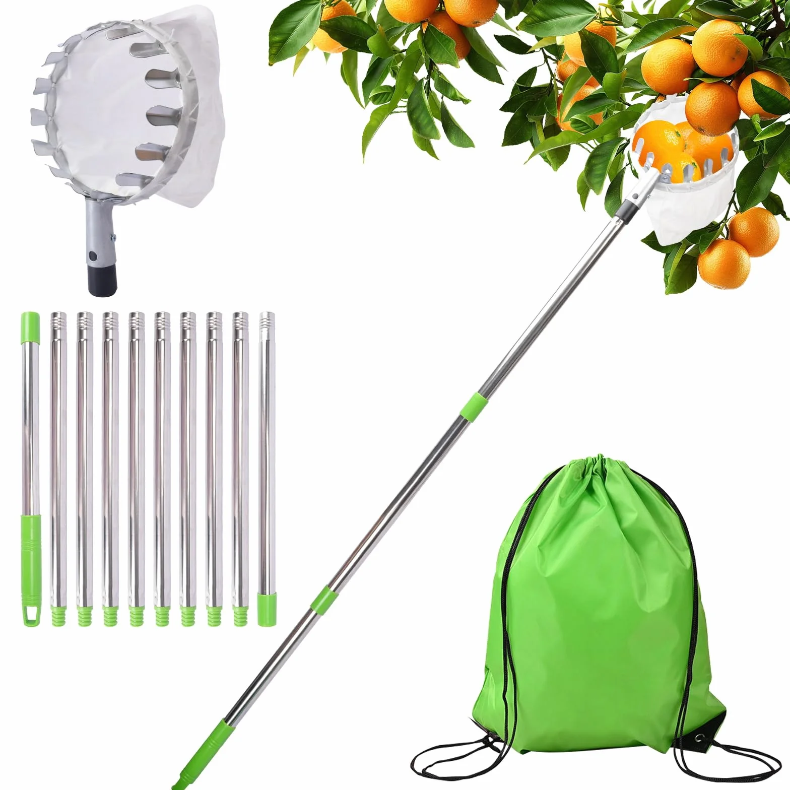 Cueille Fruit Telescopique,Cueilleur de Fruits Amovible,Cueilleur de Fruits Avec Manche Télescopique,Ramasse Fruit de Inox pour la Cueillette des Pommes Oranges Pêches Poires Cerises
