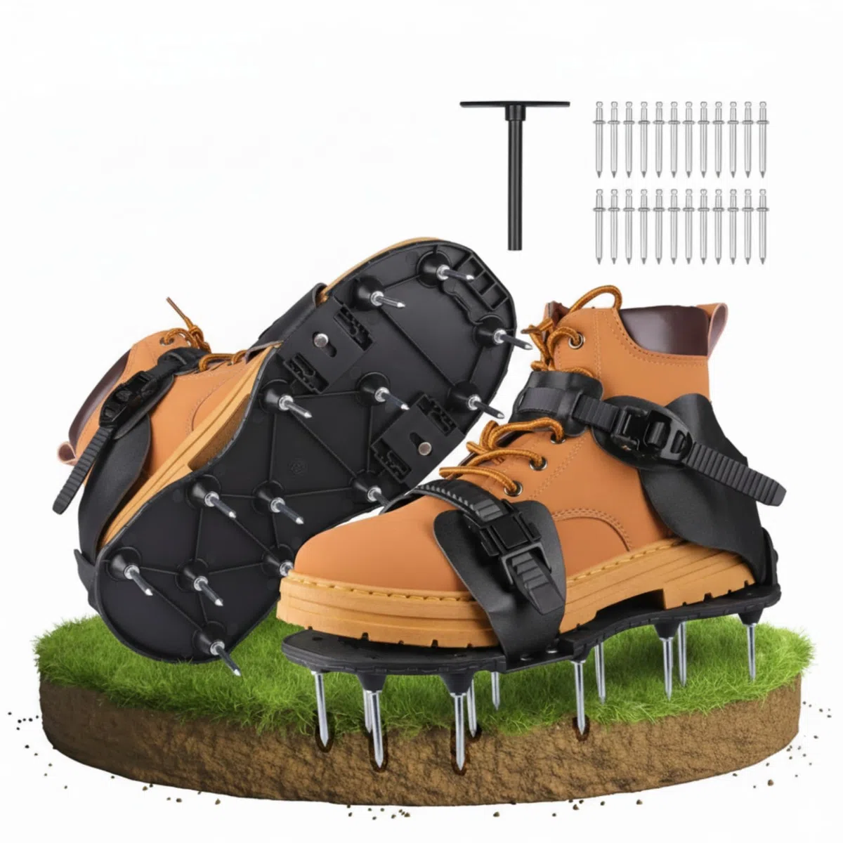 Sandales Aérateur de Pelouse, Chaussures à Clous pour Gazon avec 26 Pointes en Acier Inoxydable, Semelles Aérantes Réglables pour Aération du Sol, Jardin, Terrain (Noir)