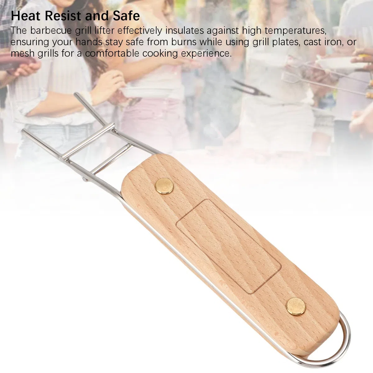 Poignée de Barbecue en Acier Inoxydable avec Lève-grille en Bois, Antidérapante et Multifonctionnelle pour Camping et Cuisson Extérieure