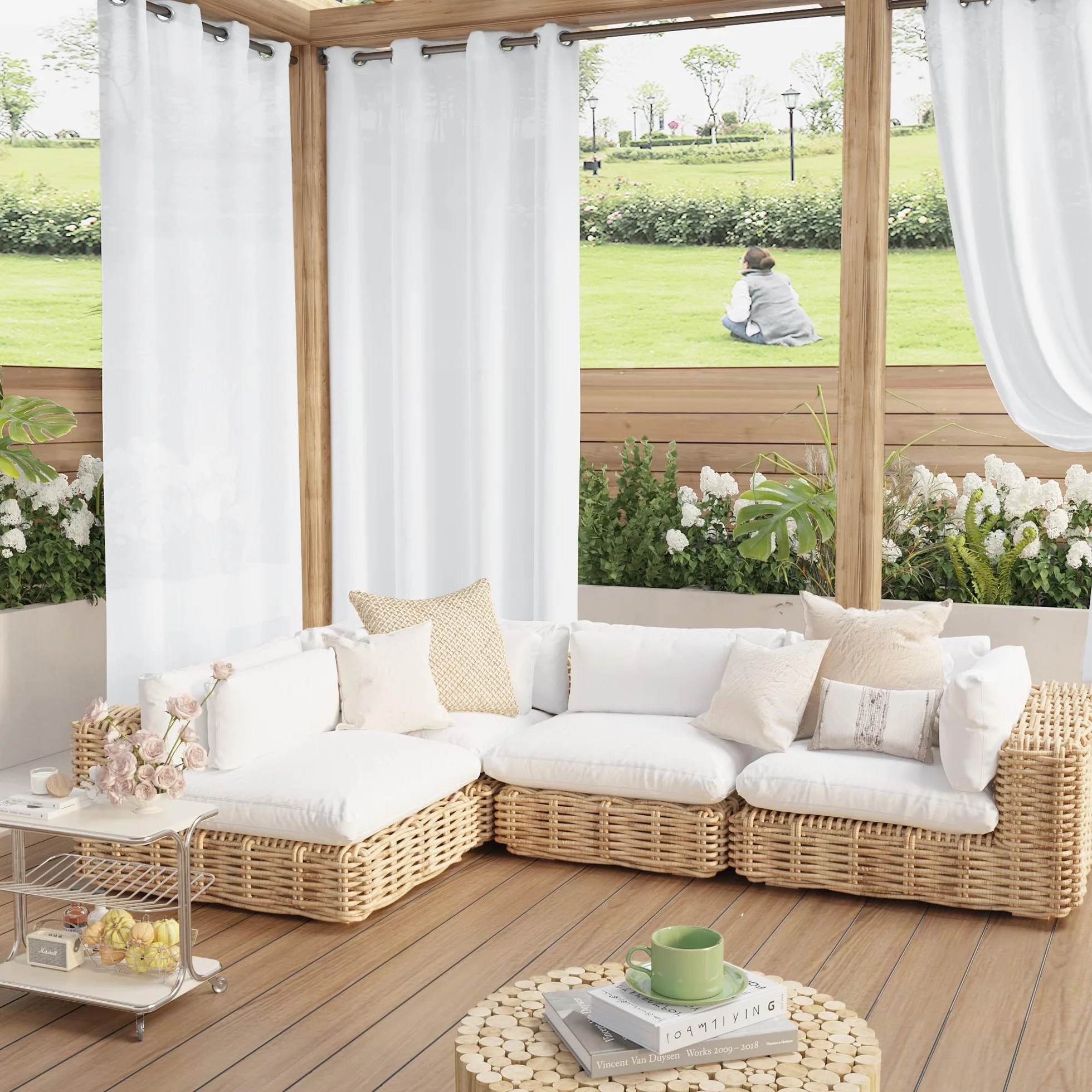PONY DANCE Rideau d'Extérieur - Rideau Voilage Exterieur Semi-Transparent avec Oeillets Imperméable Protection Vie Privée pour Terrasse Balcon Jardin, L132 x H213cm, 2 Panneaux, Blanc Pur