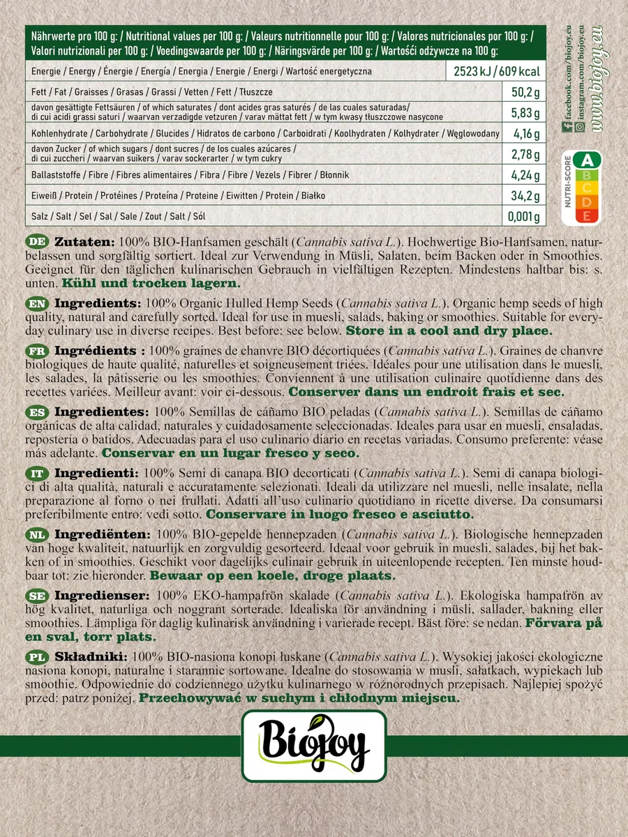 Biojoy Graines de chanvre décortiquées BIO (1 kg), crues et sans additifs
